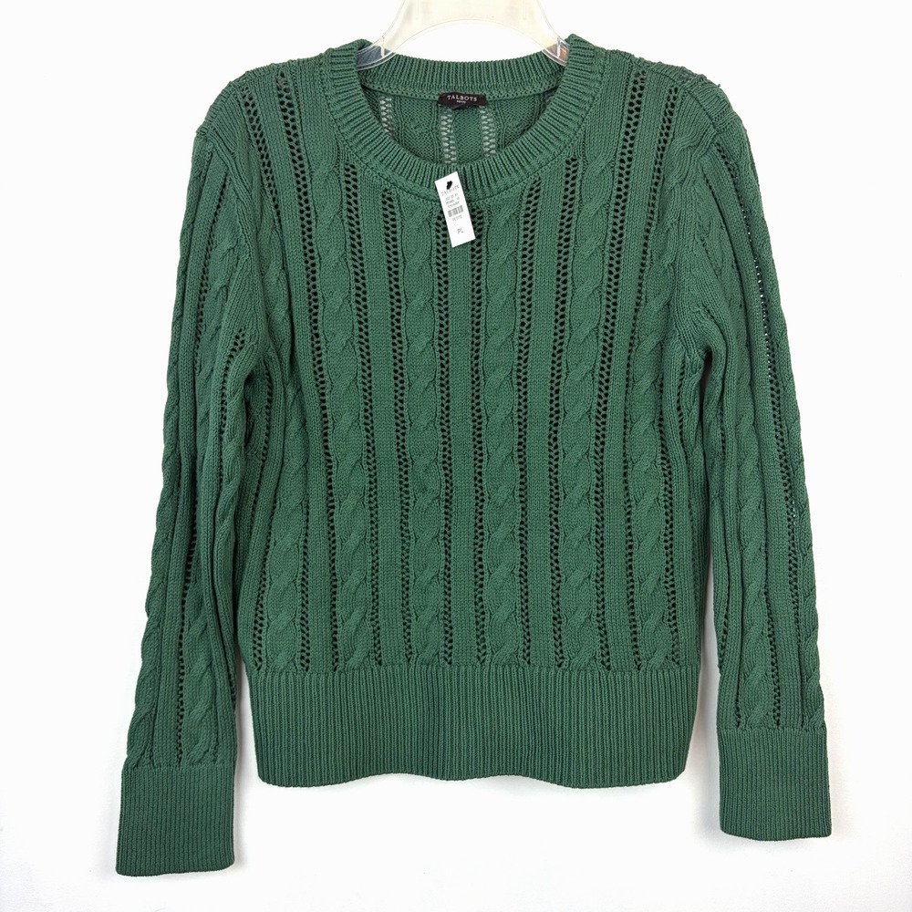 Talbots Sweater Womens Large Petite Green Open Cable Knit Work Layer Career New
